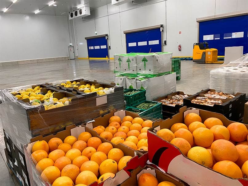 Industrial doors for food processing with an example of an orange warehouse